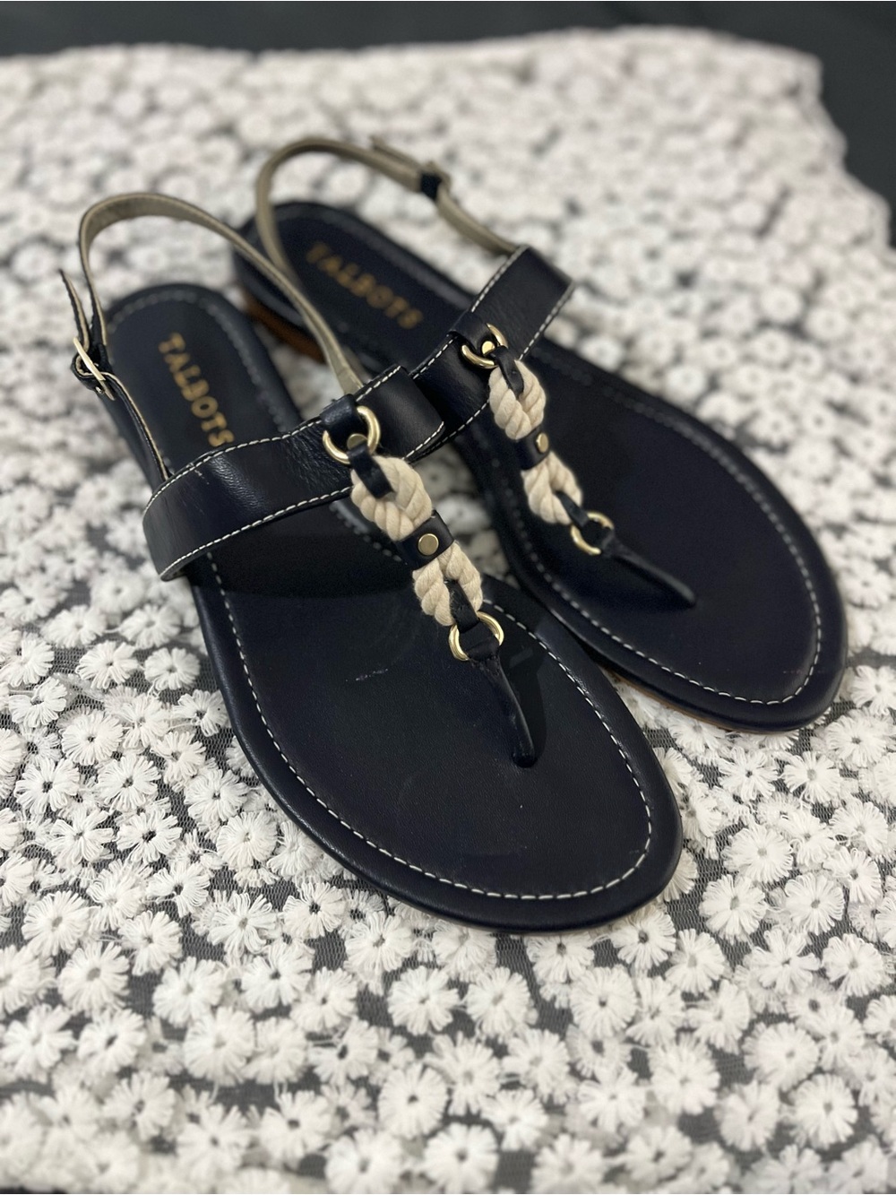 Talbots Navy Leather Sandal with Cream Rope Accent